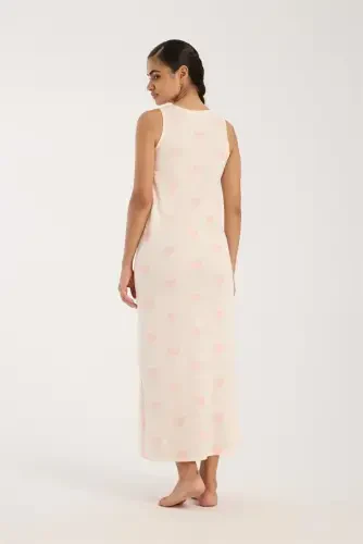 Акбениз Женское Толстое Бретелька Разрез Длинное Пудровое Ночное Платье - 5