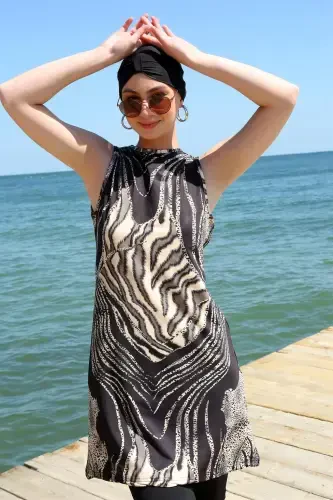 Akbeniz Zero Arm Leopard Half Modest Swimsuit 33010 - 2