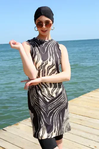 Akbeniz Zero Arm Leopard Half Modest Swimsuit 33010 - 3