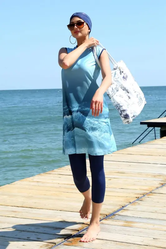 Akbeniz Zero Arm Patterned Half Burkini Swimsuit 33009 - 1