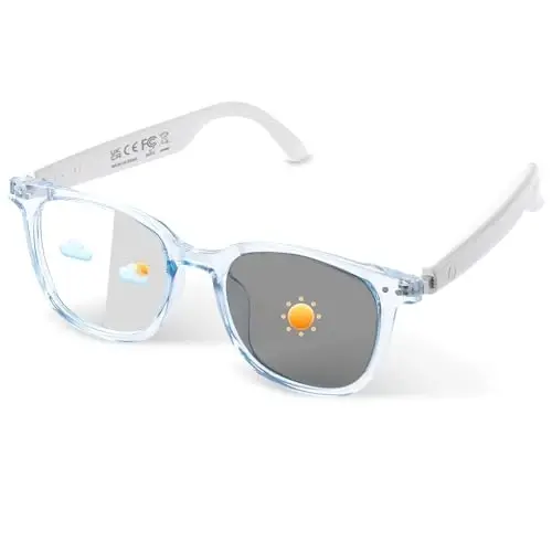 Smart Glasses, Polarized Sunglasses with Color Changing Lenses, IP65 Waterproof, Touch Control, Hands Free Calling, Transparent Stylish Frame Bluetooth Glasses Compatible with Android & IOS(Blue) - 1