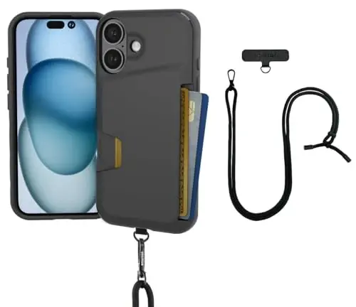 Smartish® iPhone 16 Wallet Case with Crossbody Lanyard Strap - Wallet Slayer Vol. 1 - [Slim + Protective] Credit Card Holder with Universal Detachable Shoulder Neck Strap - Black Tie Affair 