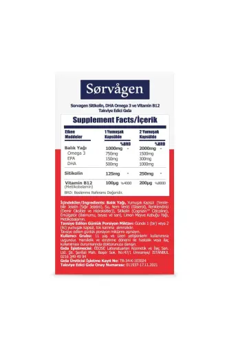 SİTİKOLİN, DHA OMEGA 3 VE B12 (30 KAPSÜL) - 2 Adet - SORVAGEN (1)