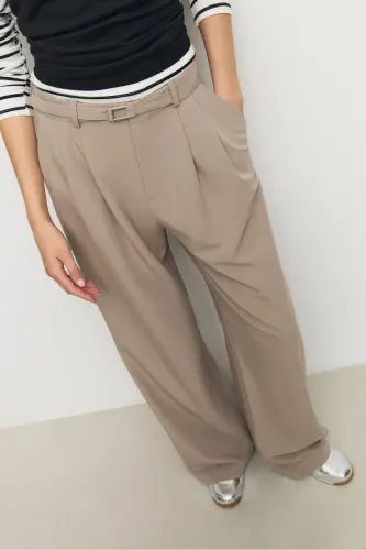 Tokalı detaylı geniş paça pantolon-Kahverengi - 2