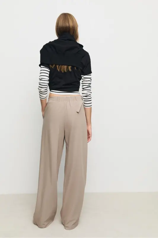 Tokalı detaylı geniş paça pantolon-Kahverengi - 4