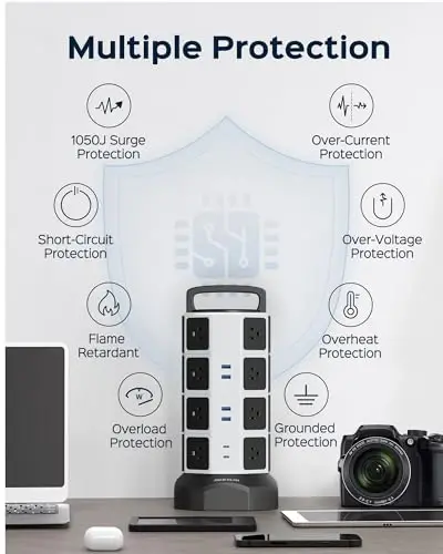 Power Strip Tower Surge Protector - JACKYLED 16 AC Outlets(13A) 6 USB Ports Electric Charging Station, 1050J Surge Electric Tower, 1625W Outlet Extender, 6.5ft Heavy Duty Extension Cord for Home - 5