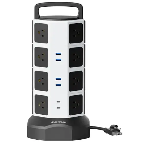 Power Strip Tower Surge Protector - JACKYLED 16 AC Outlets(13A) 6 USB Ports Electric Charging Station, 1050J Surge Electric Tower, 1625W Outlet Extender, 6.5ft Heavy Duty Extension Cord for Home 