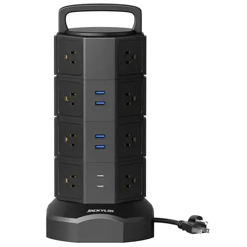 Power Strip Tower Surge Protector, JACKYLED 16 Outlets 6 USB (2 USB C) Charging Station, Extension Cord with Multiple Outlets, 1050J 1625W/13A Outlet Extender 6.5ft Extension Cord for Home Office - JACKYLED