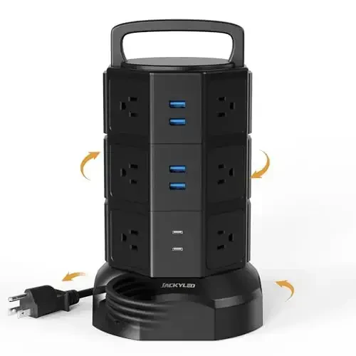 Power Strip Tower Surge Protector, JACKYLED 1625W 13A Outlet Surge Electric Tower, 12 Outlets 6 USB Ports Charging Station with 16AWG 6.5ft Heavy Duty Extension Cord for Home Office Dorm Black 