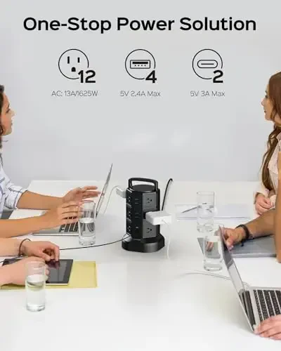 Power Strip Tower Surge Protector, JACKYLED 1625W 13A Outlet Surge Electric Tower, 12 Outlets 6 USB Ports Charging Station with 16AWG 6.5ft Heavy Duty Extension Cord for Home Office Dorm Black - 2