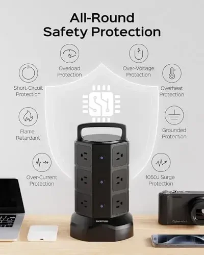 Power Strip Tower Surge Protector, JACKYLED 1625W 13A Outlet Surge Electric Tower, 12 Outlets 6 USB Ports Charging Station with 16AWG 6.5ft Heavy Duty Extension Cord for Home Office Dorm Black - 6