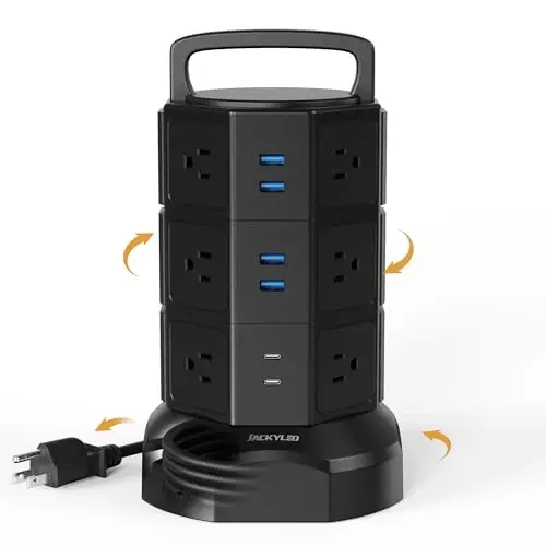 Power Strip Tower Surge Protector, JACKYLED 1625W 13A Outlet Surge Electric Tower, 12 Outlets 6 USB Ports Charging Station with 16AWG 6.5ft Heavy Duty Extension Cord for Home Office Dorm Black - 1