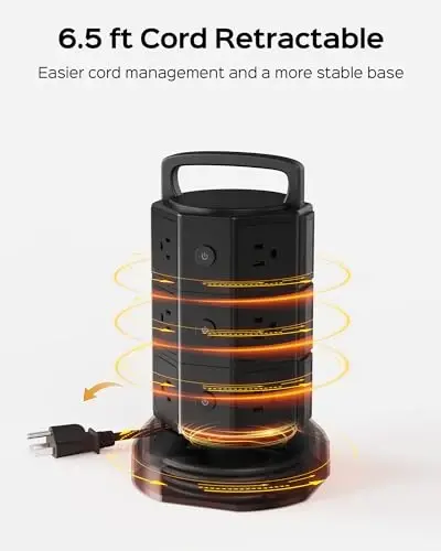 Power Strip Tower Surge Protector, JACKYLED 1625W 13A Outlet Surge Electric Tower, 12 Outlets 6 USB Ports Charging Station with 16AWG 6.5ft Heavy Duty Extension Cord for Home Office Dorm Black - 3