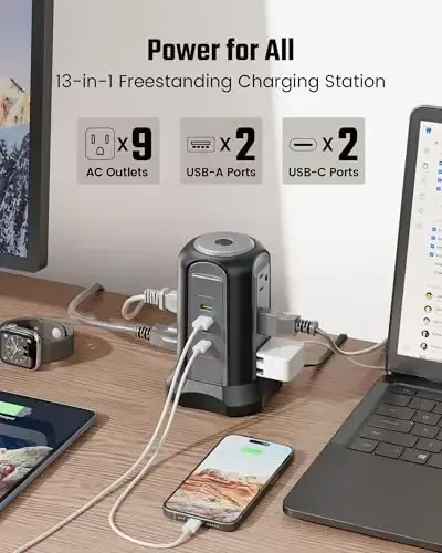 Power Strip Tower Surge Protector, SUPERDANNY Desktop Charging Station, 6.5 Ft Flat Plug Extension Cord, 9 Outlets, 4 USB (2 USB-C), 1080J, Multiple Protections Outlet Extender for Home, Office, Dorm - SUPERDANNY (1)