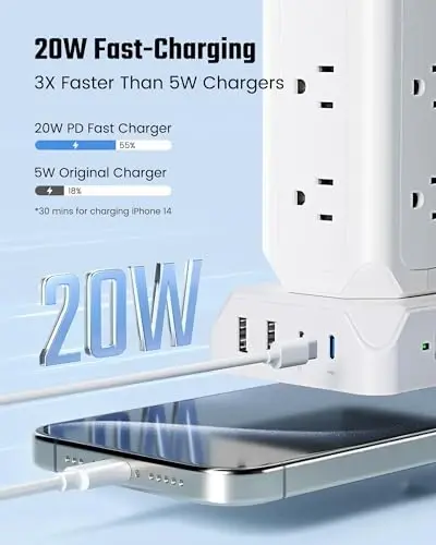 Power Strip Tower, SUPERDANNY 12 Outlets with 35W USB(2 USB-A & 2 USB-C) Charging Station, 1625W/13A, 1700J Surge Protector, 6.5ft Flat Plug Extension Cord with Multiple Outlets for Home, Office, Dorm - 2
