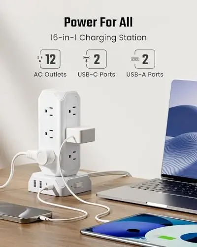 Power Strip Tower, SUPERDANNY 12 Outlets with 35W USB(2 USB-A & 2 USB-C) Charging Station, 1625W/13A, 1700J Surge Protector, 6.5ft Flat Plug Extension Cord with Multiple Outlets for Home, Office, Dorm - 5