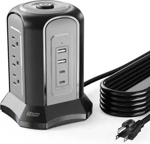 Power Strip Tower Surge Protector, SUPERDANNY Desktop Charging Station, 10 Ft Extension Cord, 9 Outlets, 4 USB Ports, 1080 Joules, 3-Prong, Grounded, Multiple Protections for Home, Office, Black - SUPERDANNY