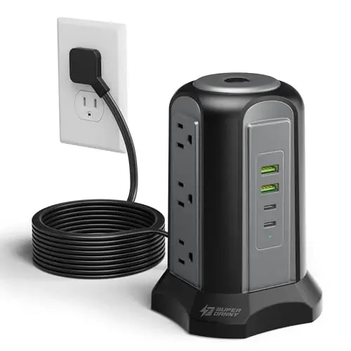 Power Strip Tower Surge Protector, SUPERDANNY Desktop Charging Station, 10 Ft Extension Cord, 9 Outlets, 4 USB Ports, 1080 Joules, 3-Prong, Grounded, Multiple Protections for Home, Office, Black 