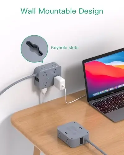 Power Strip Surge Protector - Flat Plug, Wall Mount, 8 Wide Outlets with 4 USB Ports (2 USB C), 5FT Heavy Duty Extension Cord with Multiple Outlets, Charging Station Home Dorm Office Accessories Gray - 6