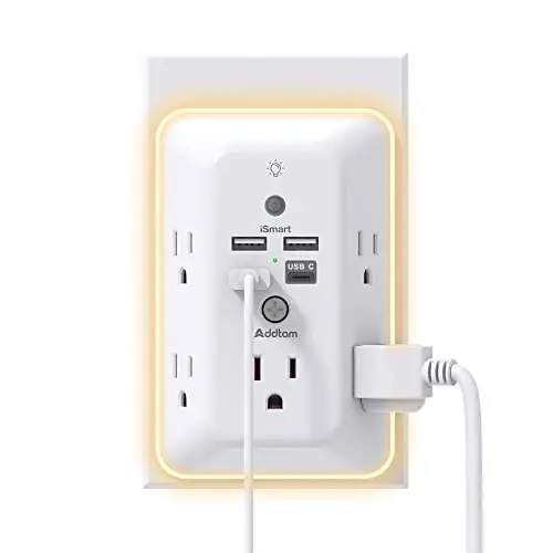 Surge Protector, Outlet Extender with Night Light, Addtam 5-Outlet Splitter and 4 USB Ports(1 USB C), Multi Plug Wall Outlet for Home Office Dorm Room Essentials - 1