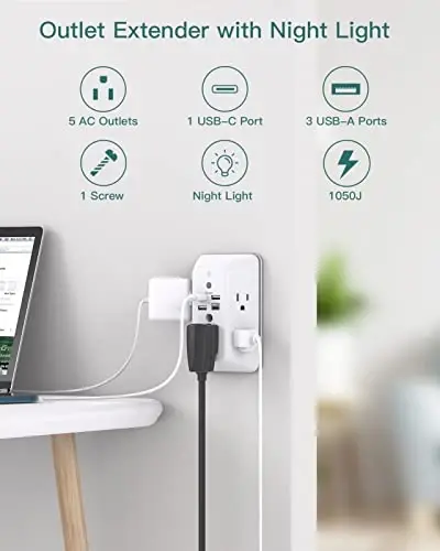 Surge Protector, Outlet Extender with Night Light, Addtam 5-Outlet Splitter and 4 USB Ports(1 USB C), Multi Plug Wall Outlet for Home Office Dorm Room Essentials - 2