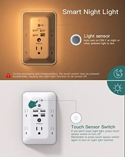 Surge Protector, Outlet Extender with Night Light, Addtam 5-Outlet Splitter and 4 USB Ports(1 USB C), Multi Plug Wall Outlet for Home Office Dorm Room Essentials - 3