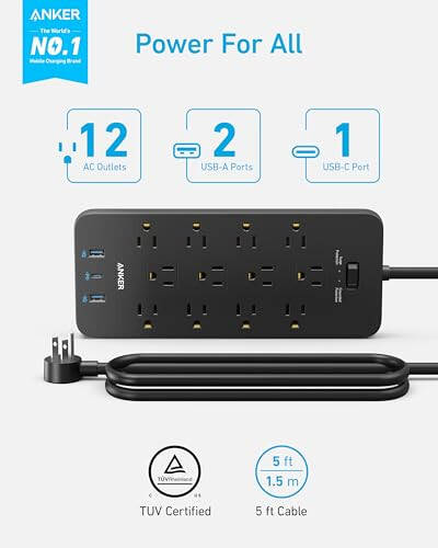 Surge Protector Power Strip (2100J), Anker 12 Outlets with 1 USB C and 2 USB Ports foriPhone 15/15 Plus/15 Pro/15 Pro Max, 5ft Extension Cord, Flat Plug, 20W USB C Charging for Home, Office,TUV Listed - 2