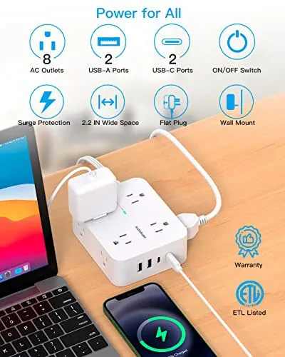 Surge Protector Power Strip, HANYCONY Extension Cord with Multiple Outlets, 5 Ft Ultra Thin Flat Plug 8 Outlets 4 USB Ports(2USB C), 1080J Outlet Extender for Home Office College Dorm Room Essentials - HANYCONY (1)