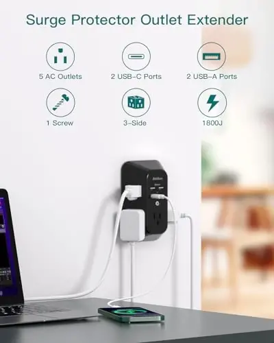 Surge Protector Outlet Extender, Addtam Multi Plug Wall Outlet with 4 USB Ports(2 USB-C), 3-Sided 1800J Power Strip Plug Extension Outlet Splitter, Black - ADDTAM (1)