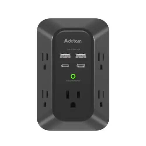 Surge Protector Outlet Extender, Addtam Multi Plug Wall Outlet with 4 USB Ports(2 USB-C), 3-Sided 1800J Power Strip Plug Extension Outlet Splitter, Black 