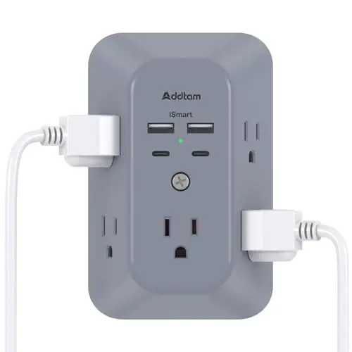 Akım Koruyuculu Priz Çoklayıcı, Addtam Çoklu Fişli Duvar Prizi, 4 USB Portlu (2 USB-C), 3 Taraflı 1800J Güç Şeridi Fiş Uzatma Prizi Ayırıcı, Siyah - 1