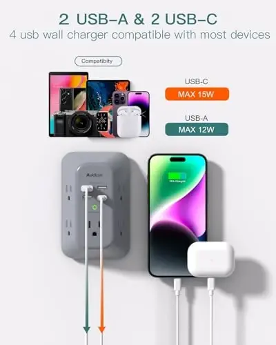 Akım Koruyuculu Priz Çoklayıcı, Addtam Çoklu Fişli Duvar Prizi, 4 USB Portlu (2 USB-C), 3 Taraflı 1800J Güç Şeridi Fiş Uzatma Prizi Ayırıcı, Siyah - 4