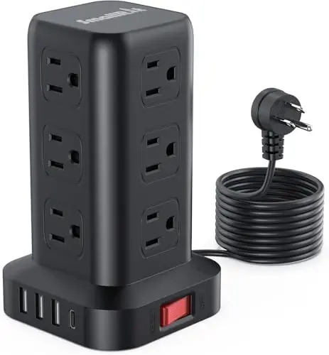 Surge Protector Power Strip Tower,10FT Extension Cord with Multiple Outlets, 12 AC 4 USB (1 USB C)，Mini Power Strip with USB Ports, Surge Protector Tower Overload Protection for Office, Desk - 1