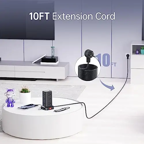 Extension Cord with Multiple Outlets, SMALLRT Surge Protector Power Strip Tower, 10FT Outlet Extender with 12 AC Outlets 4 USB, Power Strip with USB Ports for Home Office Dorm Room,Overload Protection - 5