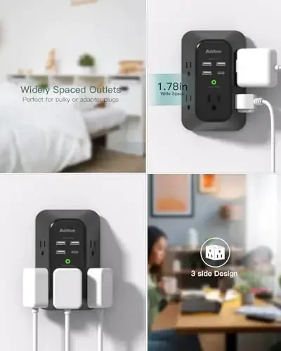 Surge Protector Outlet Extender, Addtam Multi Plug Wall Outlet with 4 USB Ports(1 USB-C), 3-Sided 1800J Power Strip Plug Extension Outlet Splitter, Black - 4