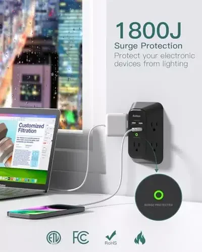 Surge Protector Outlet Extender, Addtam Multi Plug Wall Outlet with 4 USB Ports(1 USB-C), 3-Sided 1800J Power Strip Plug Extension Outlet Splitter, Black - 5