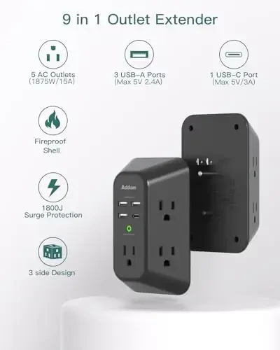 Surge Protector Outlet Extender, Addtam Multi Plug Wall Outlet with 4 USB Ports(1 USB-C), 3-Sided 1800J Power Strip Plug Extension Outlet Splitter, Black - ADDTAM (1)