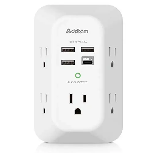 Surge Protector Outlet Extender, Addtam Multi Plug Wall Outlet with 4 USB Ports(1 USB-C), 3-Sided 1800J Power Strip Plug Extension Outlet Splitter, Black 