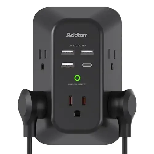 Surge Protector Outlet Extender, Addtam Multi Plug Wall Outlet with 4 USB Ports(1 USB-C), 3-Sided 1800J Power Strip Plug Extension Outlet Splitter, Black 