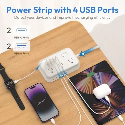 Surge Protector Power Strip 10 ft, Flat Plug Extension Cord with 6 Outlets 4 USB Ports, Outlet Extender Long Cord, Overload Protection, Extension Cord with Multiple Outlets for Indoor, Home, Office - 3