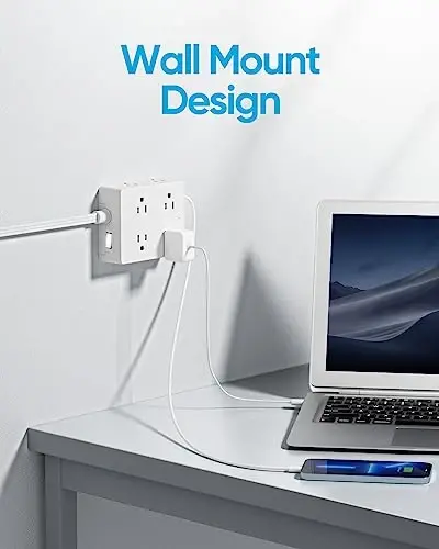 Surge Protector Power Strip, Olcorife 20ft Long Extension Cord with 8 Outlets 4 USB Ports(1 USB C), Flat Wall Plug Outlet Extender, College Dorm Room Essentials, White - 5