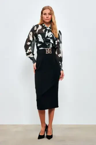 Aksessuarli Tafsilotli Qalam Yubka - QORA - SATEEN (1)