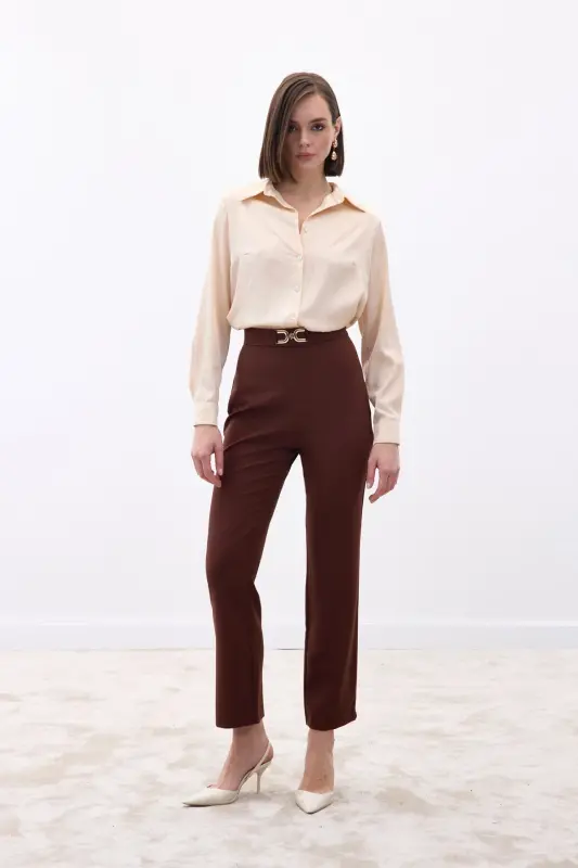 Aksesuar Detaylı Pantolon - Kahve - Kahve - 3