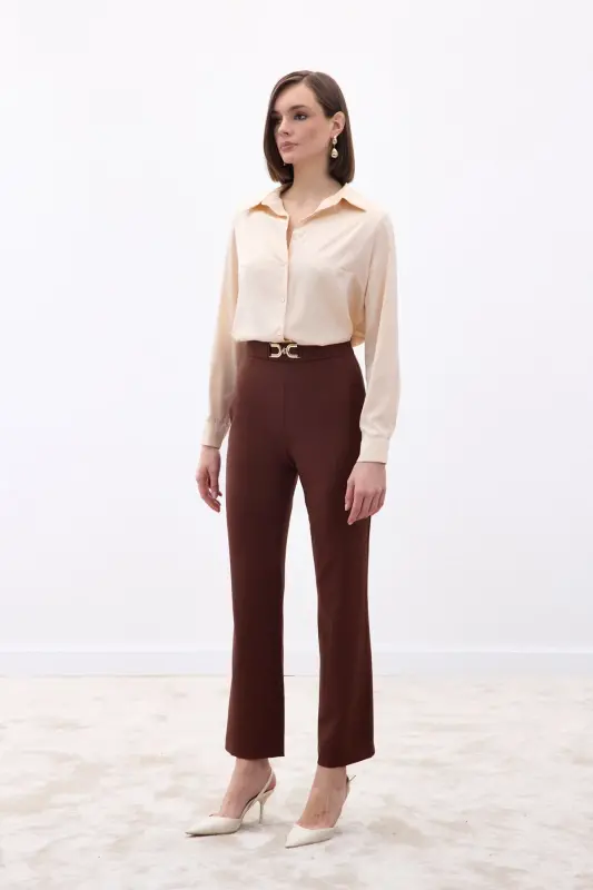 Aksesuar Detaylı Pantolon - Kahve-Kahve - 2
