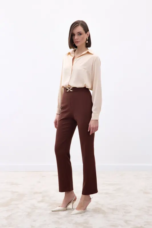 Aksesuar Detaylı Pantolon - Kahve-Kahve - 4