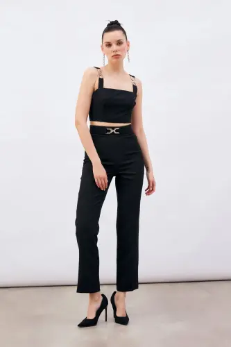 Aksesuar Detaylı Pantolon - Siyah-SİYAH - SATEEN (1)