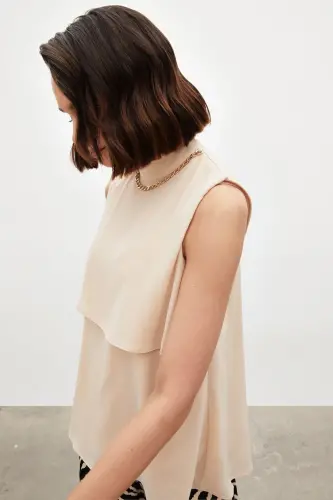 Aksesuar Detaylı Volanlı Bluz - Bej-BEJ - 6