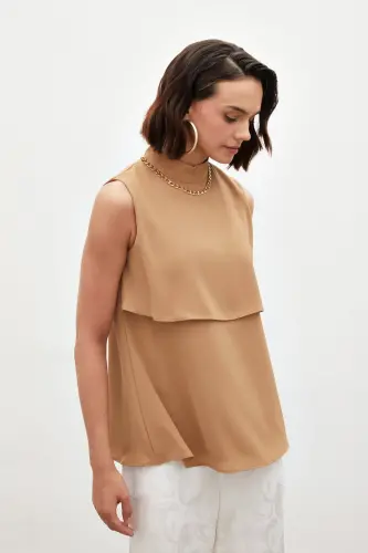 Aksesuar Detaylı Volanlı Bluz - Camel-CAMEL 