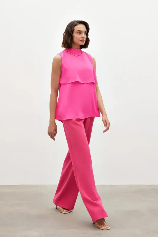 Aksesuar Detaylı Volanlı Bluz - Fuşya-FUŞYA - 3