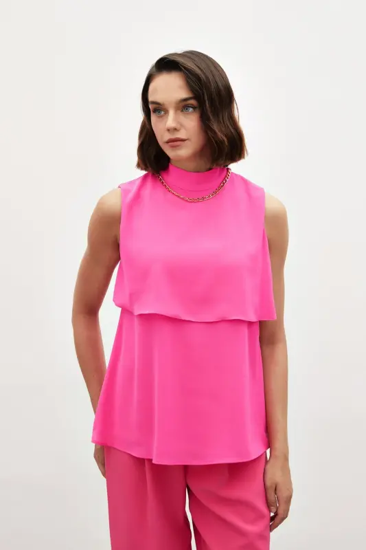 Aksesuar Detaylı Volanlı Bluz - Fuşya-FUŞYA - 7